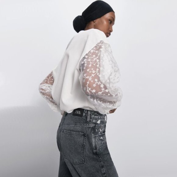 EUC Zara white sweatshirt top w/ sheer floral print sleeves, XS - Picture 8 of 16